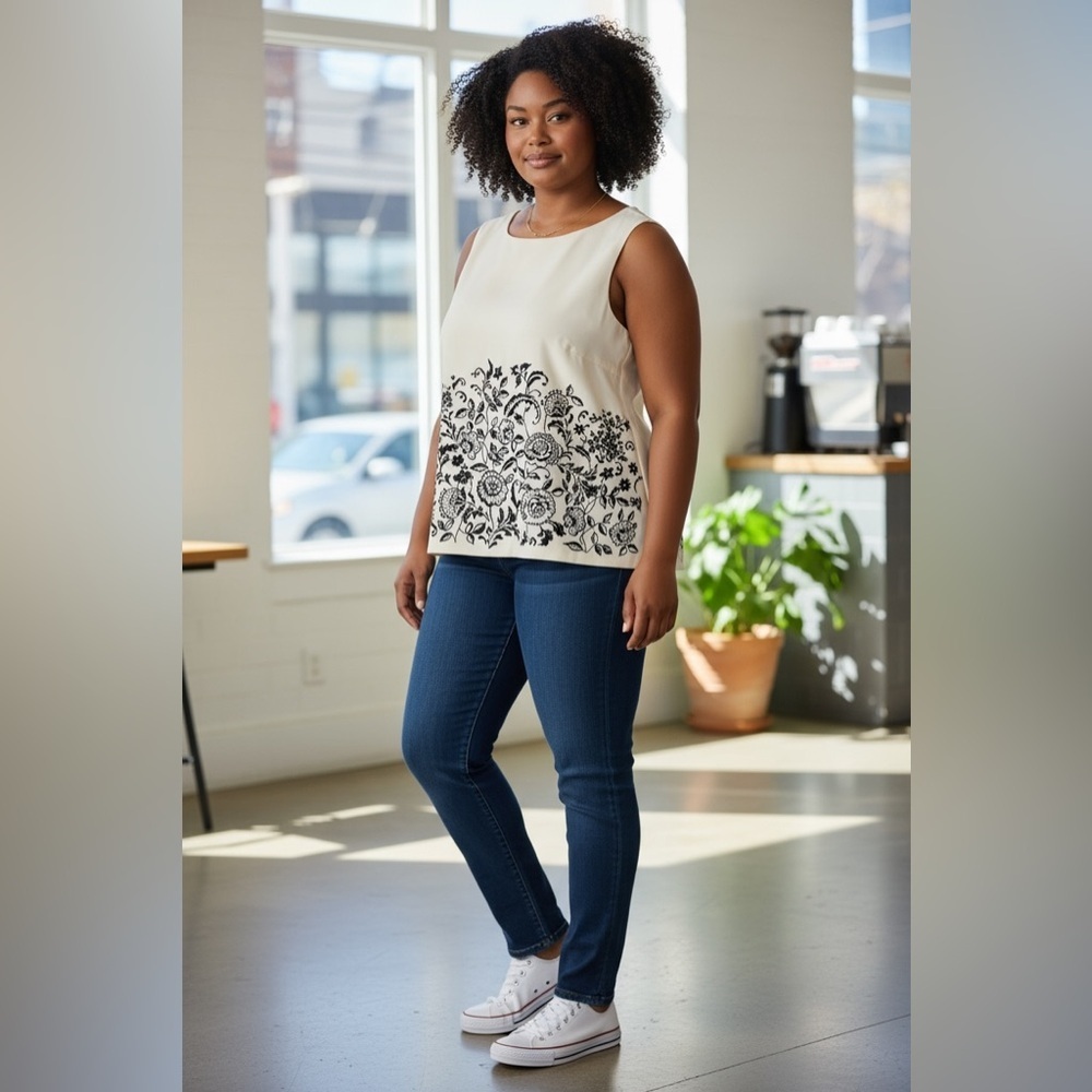 Talbots Cream and Black Floral Blouse